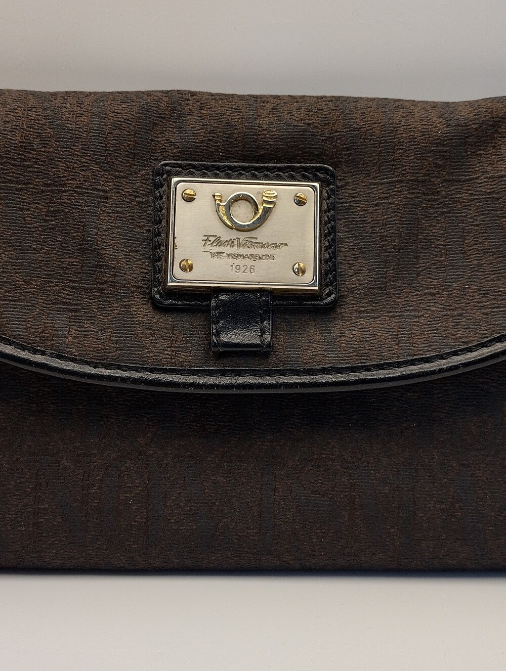 Flavi Vismano Brown Monogram Canvas Leather Shoulder Clutch Bag Italy Vintage
